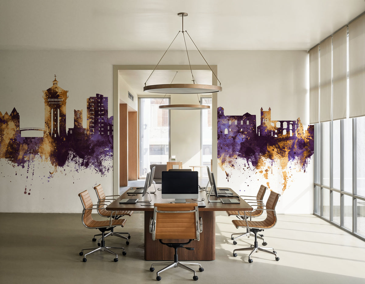 Colchester England Skyline Purple & Gold Mural Wallpaper - room preview 03