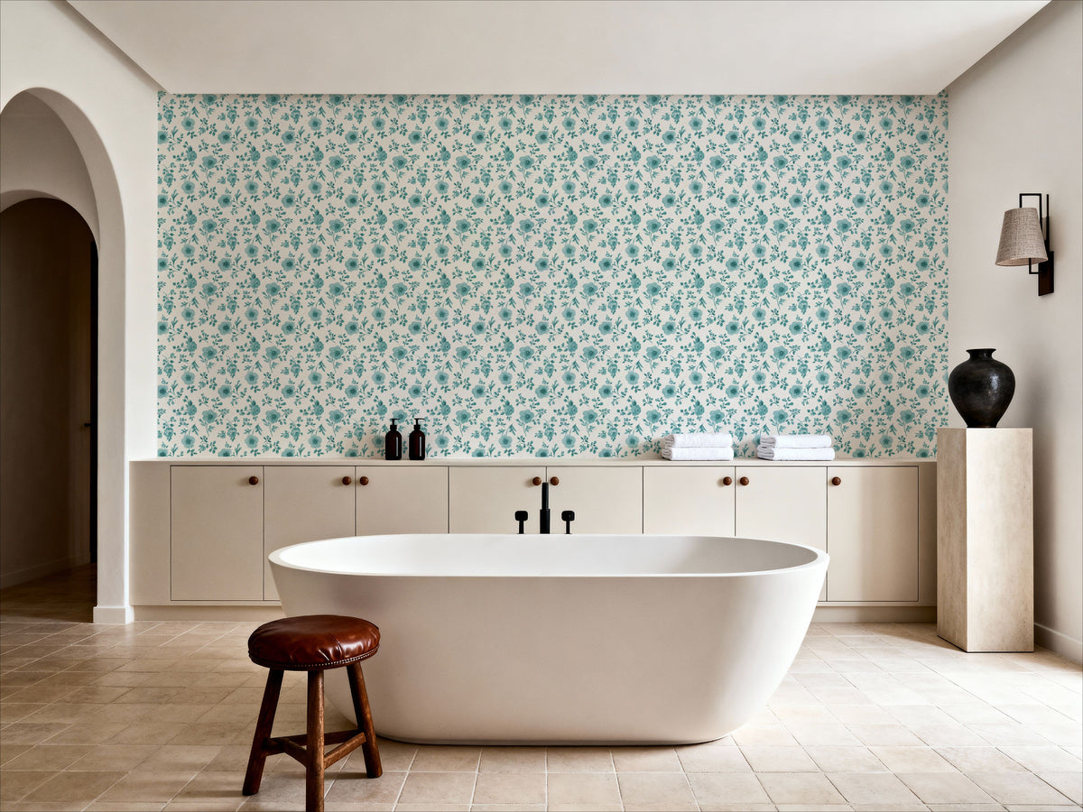 Country Flowery Turqouise Inverse Mural Wallpaper - room preview 03