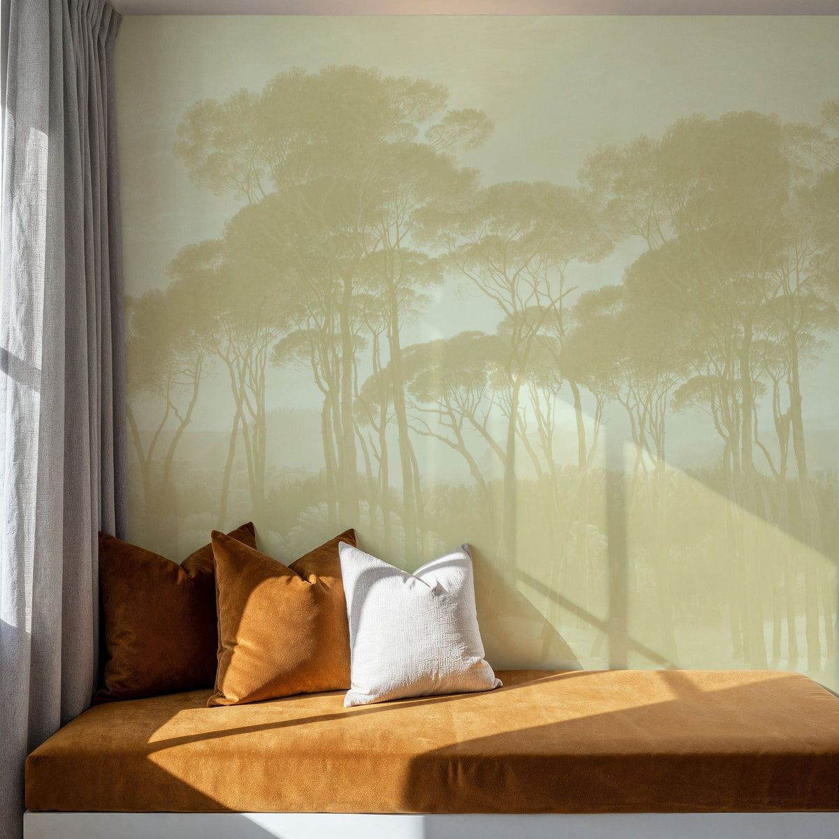 Mediterranean Pine Landscape, Greenish Beige Mural Wallpaper - room preview 03