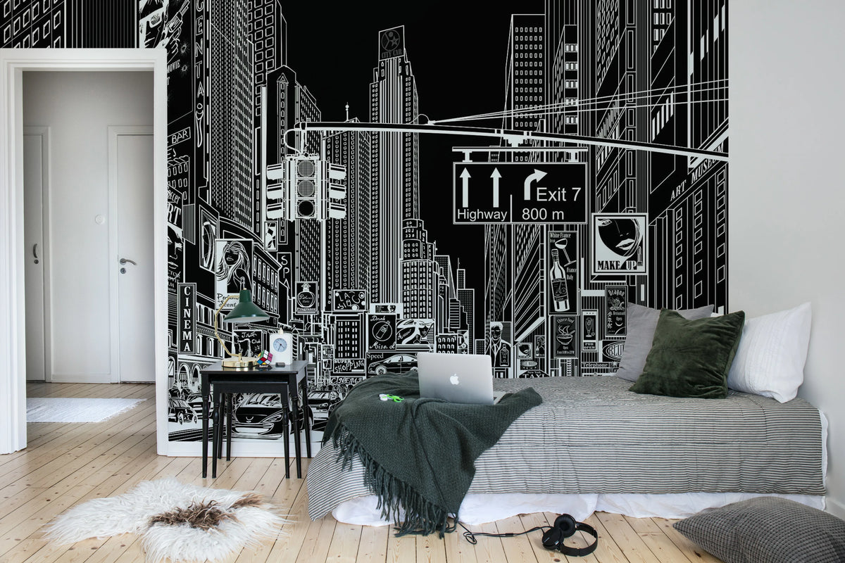 Cartoon City, Black Mural Wallpaper - room preview 03