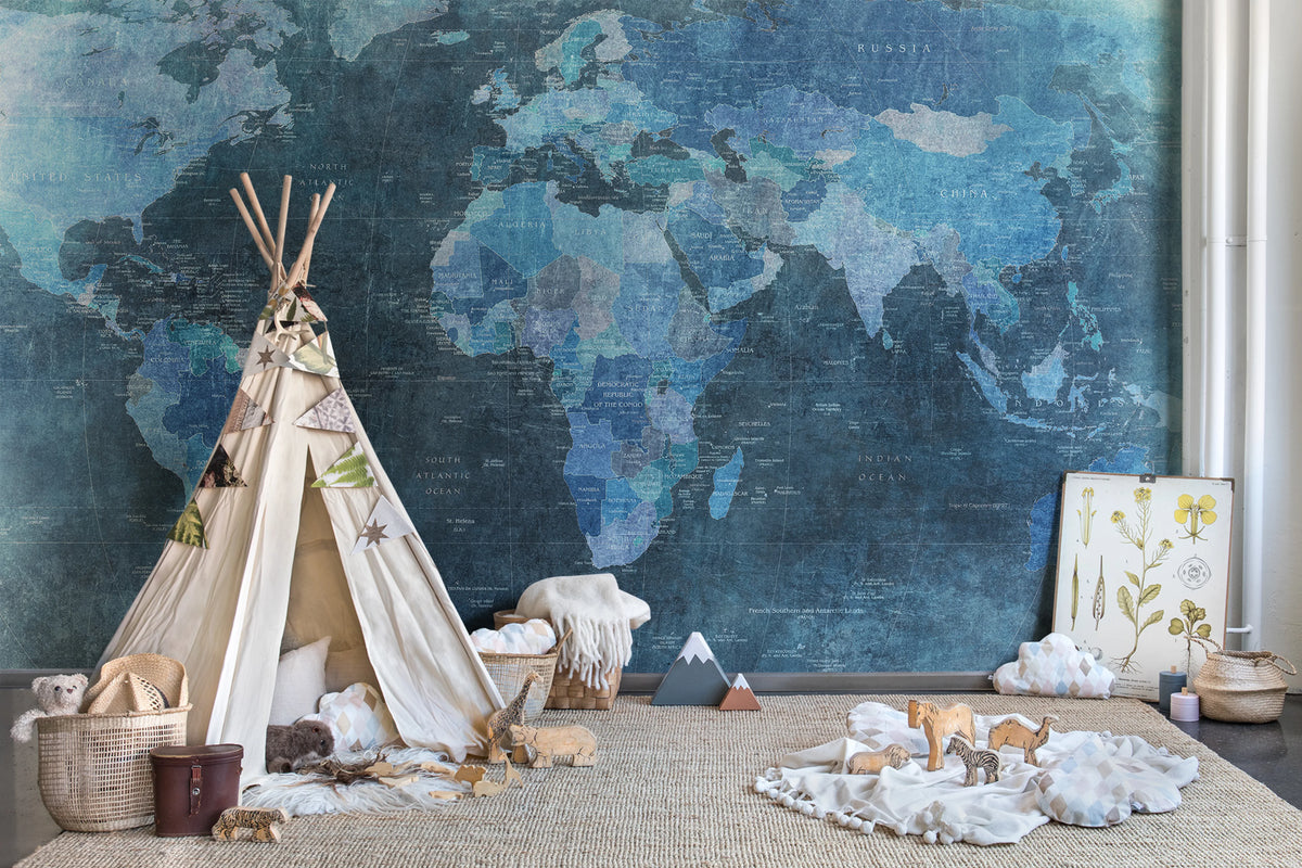 World Map, Blue Mural Wallpaper - room preview 03