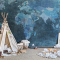 World Map, Blue Mural Wallpaper - room preview 03