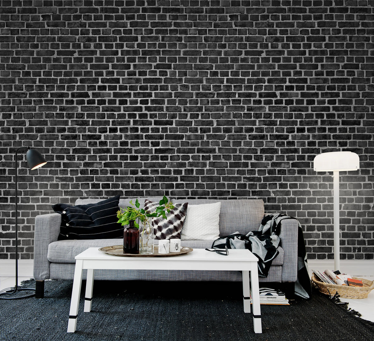 Brick Wall, Black Mural Wallpaper - room preview 03