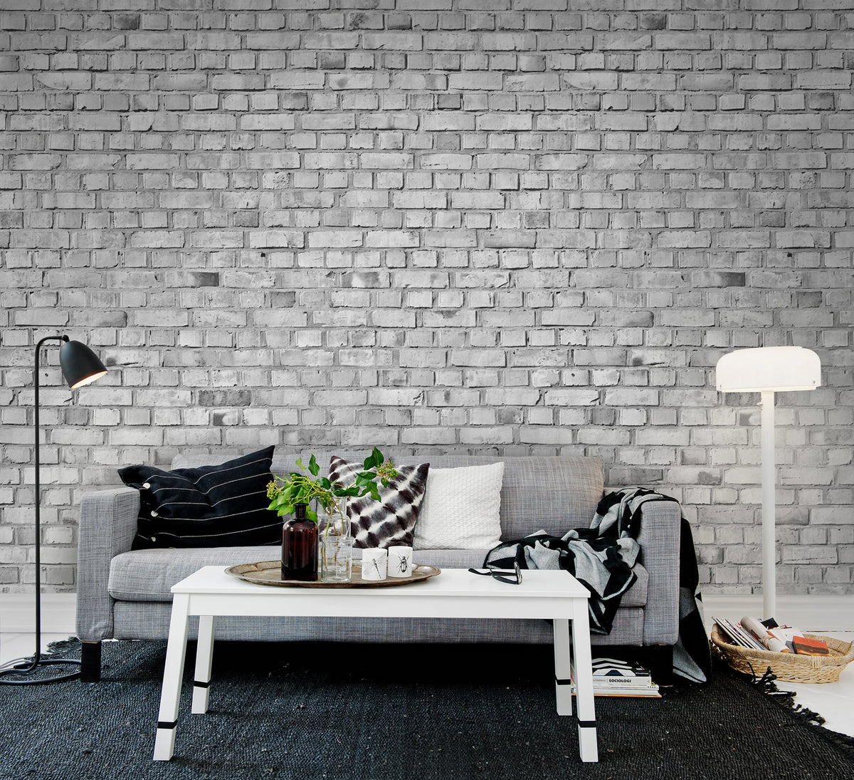 Brick Wall, White Mural Wallpaper - room preview 03