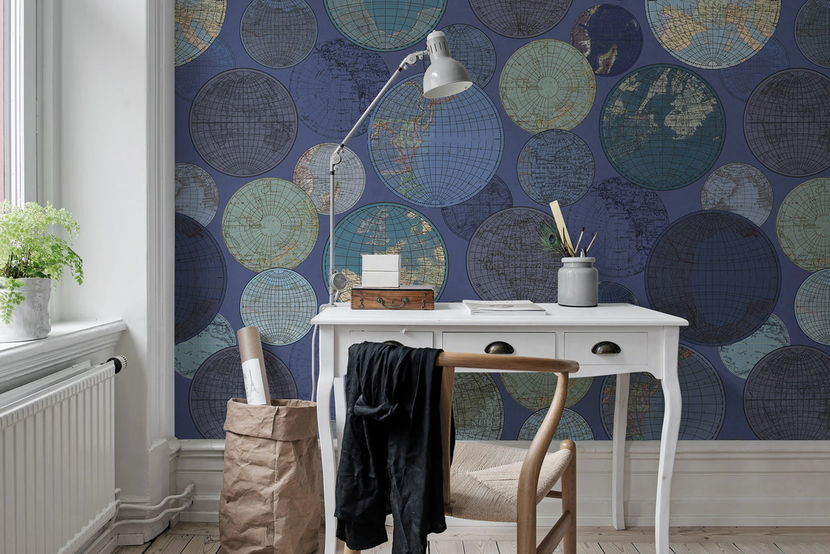 Globes Gathering, Blue Mural Wallpaper - room preview 03