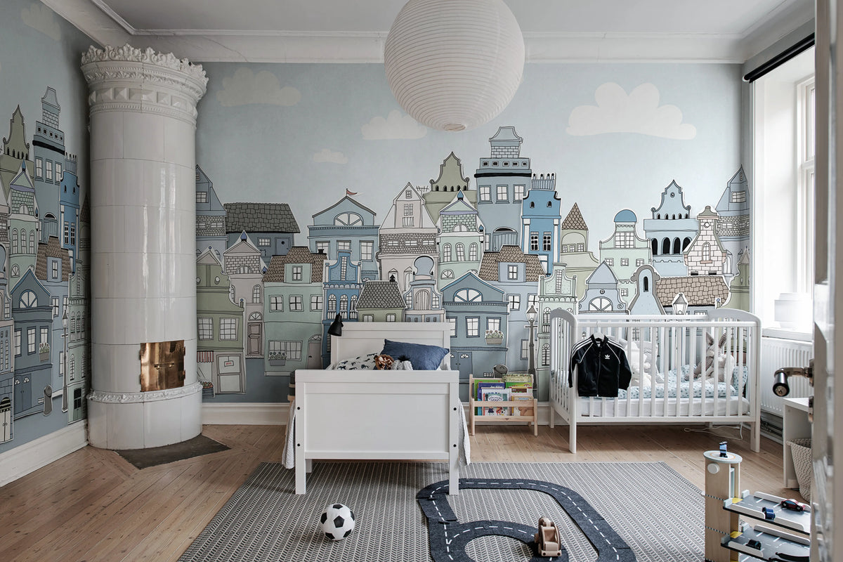 London Houses, Blue Mural Wallpaper - room preview 03