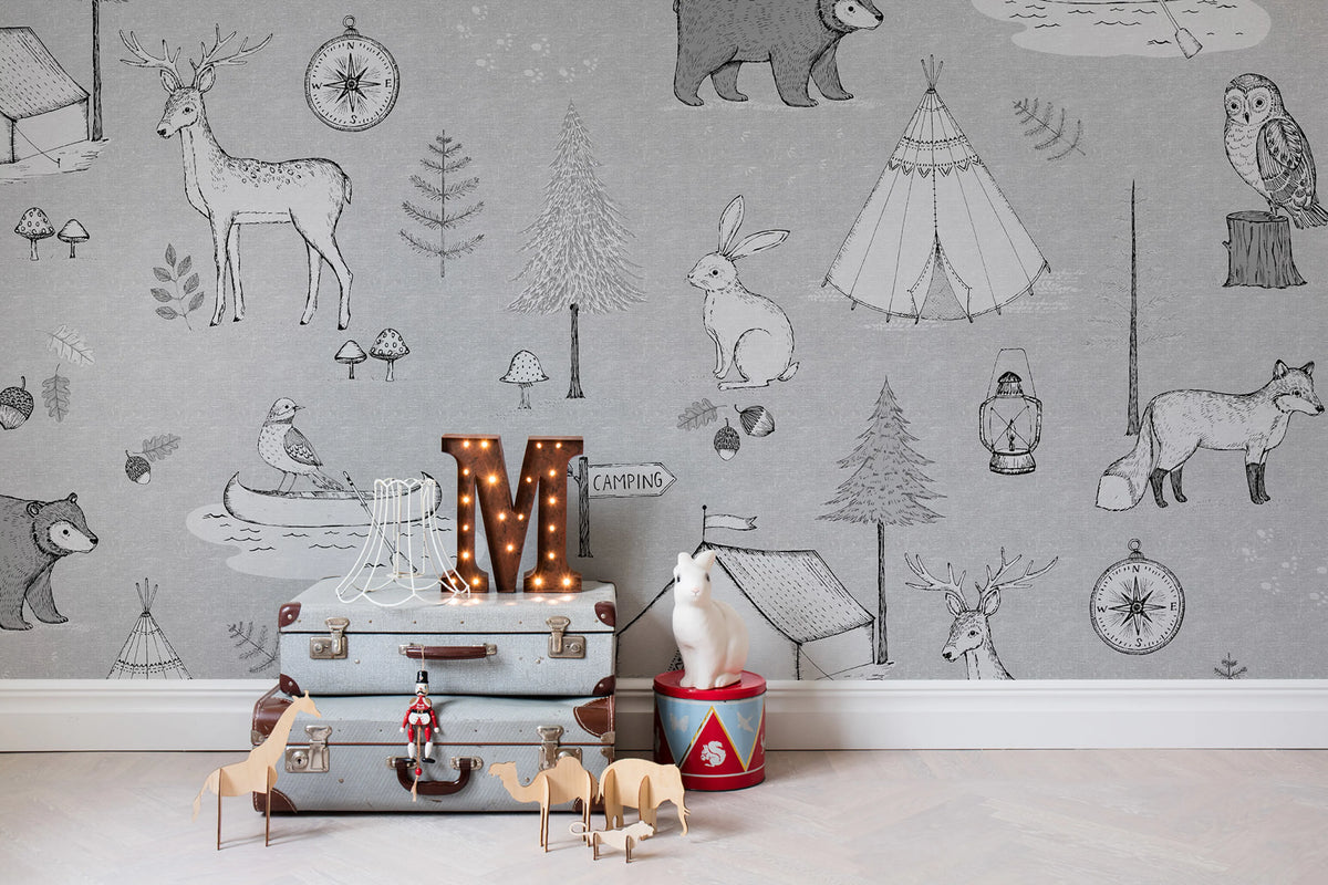Camping Trip, Gray Mural Wallpaper - room preview 03