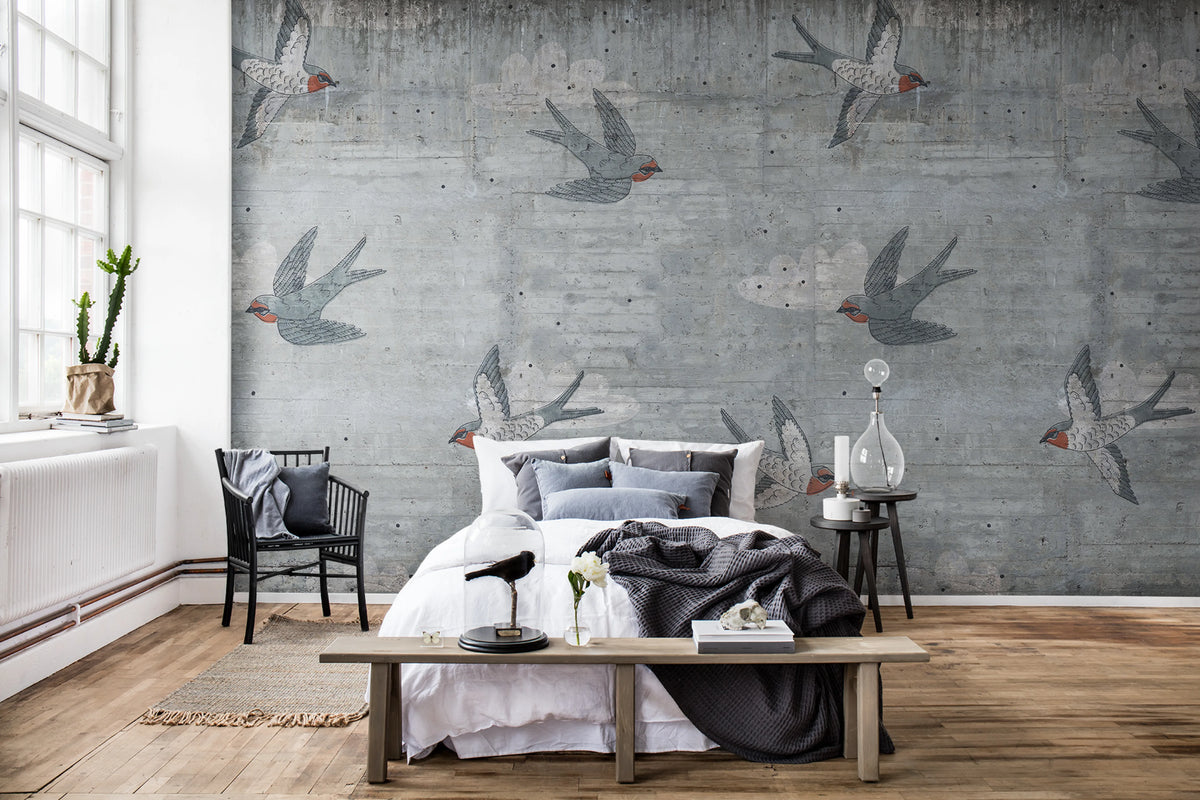 Concrete Art, Swallow Mural Wallpaper - room preview 03