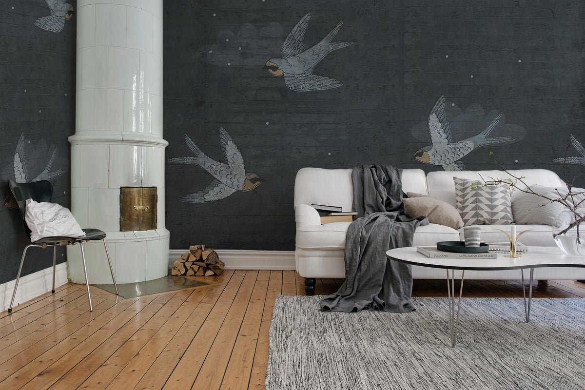 Concrete Art, Night Swallow Mural Wallpaper - room preview 03