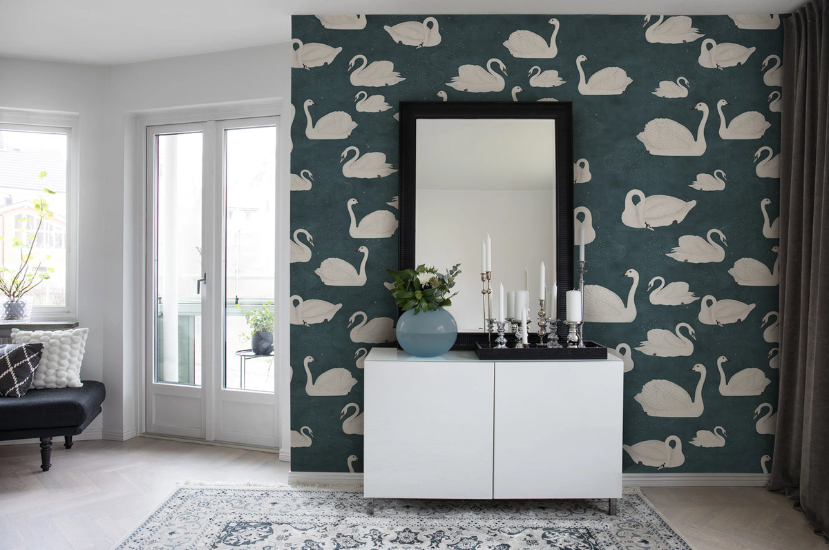 Cygne, Bleu Mural Wallpaper - room preview 03