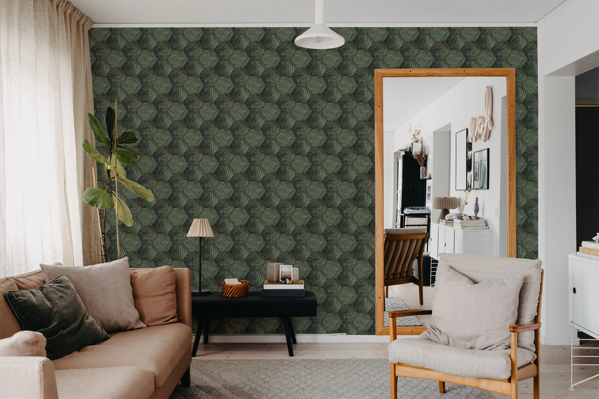 Hexagon Tiles Emerald Mural Wallpaper - room preview 03