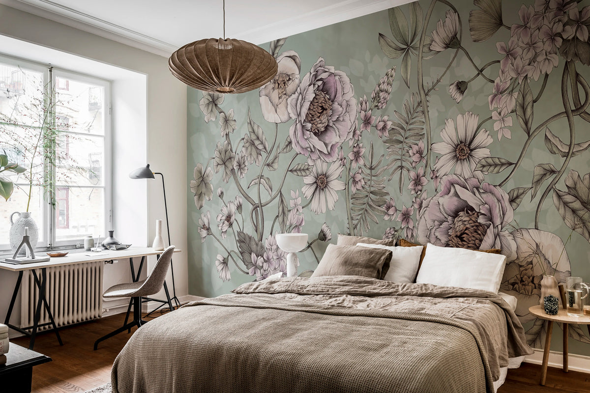 Spring Flower, Green Mural Wallpaper - room preview 03