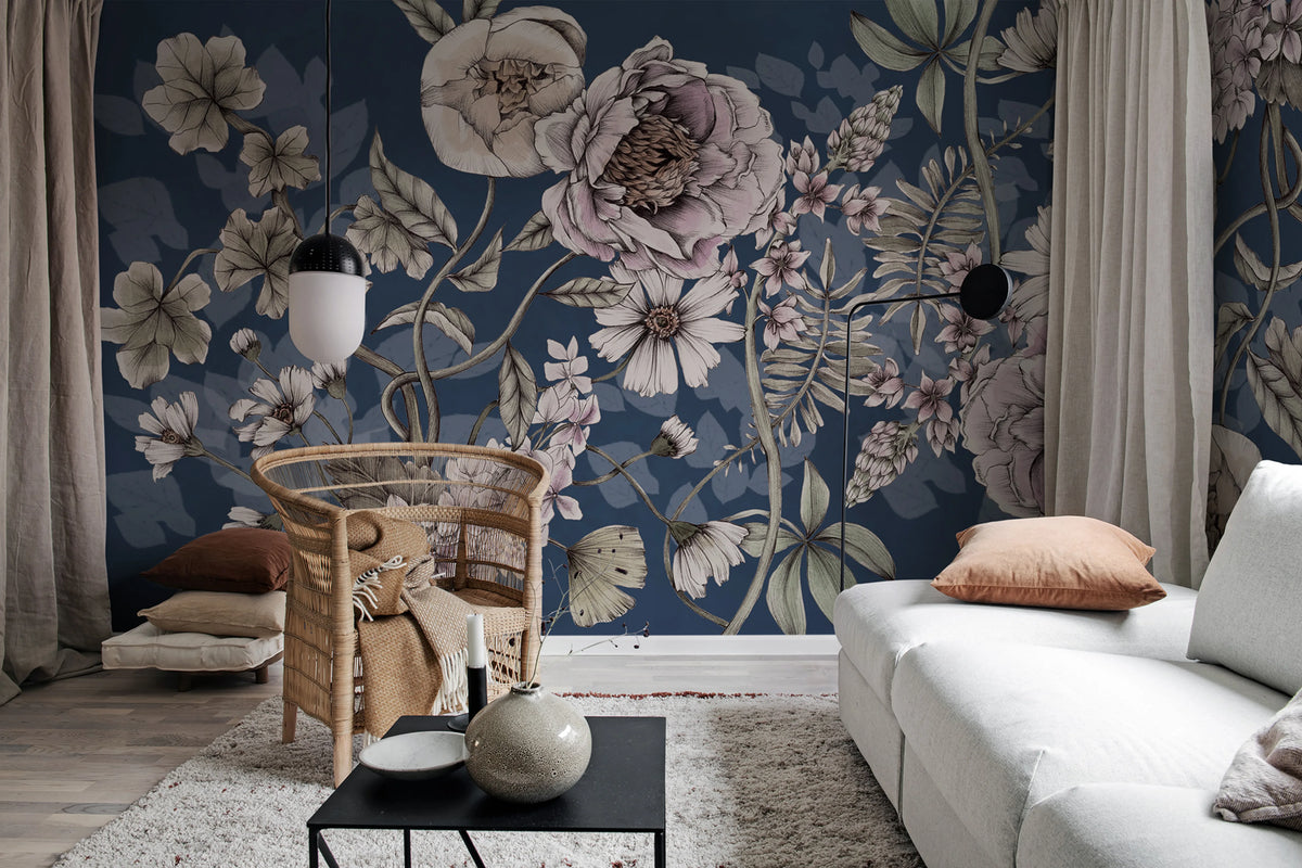 Spring Flower, Dark Blue Mural Wallpaper - room preview 03