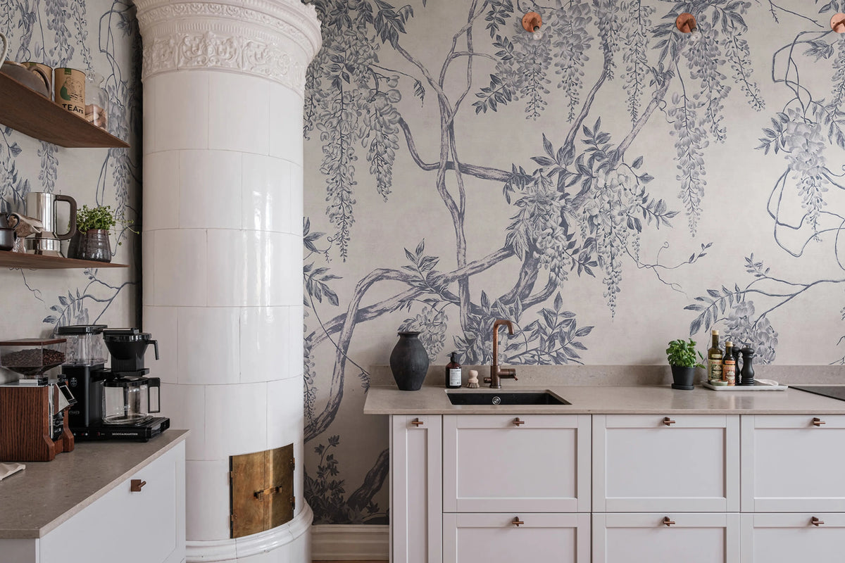 Wisteria Tree, Blue Mural Wallpaper - room preview 03