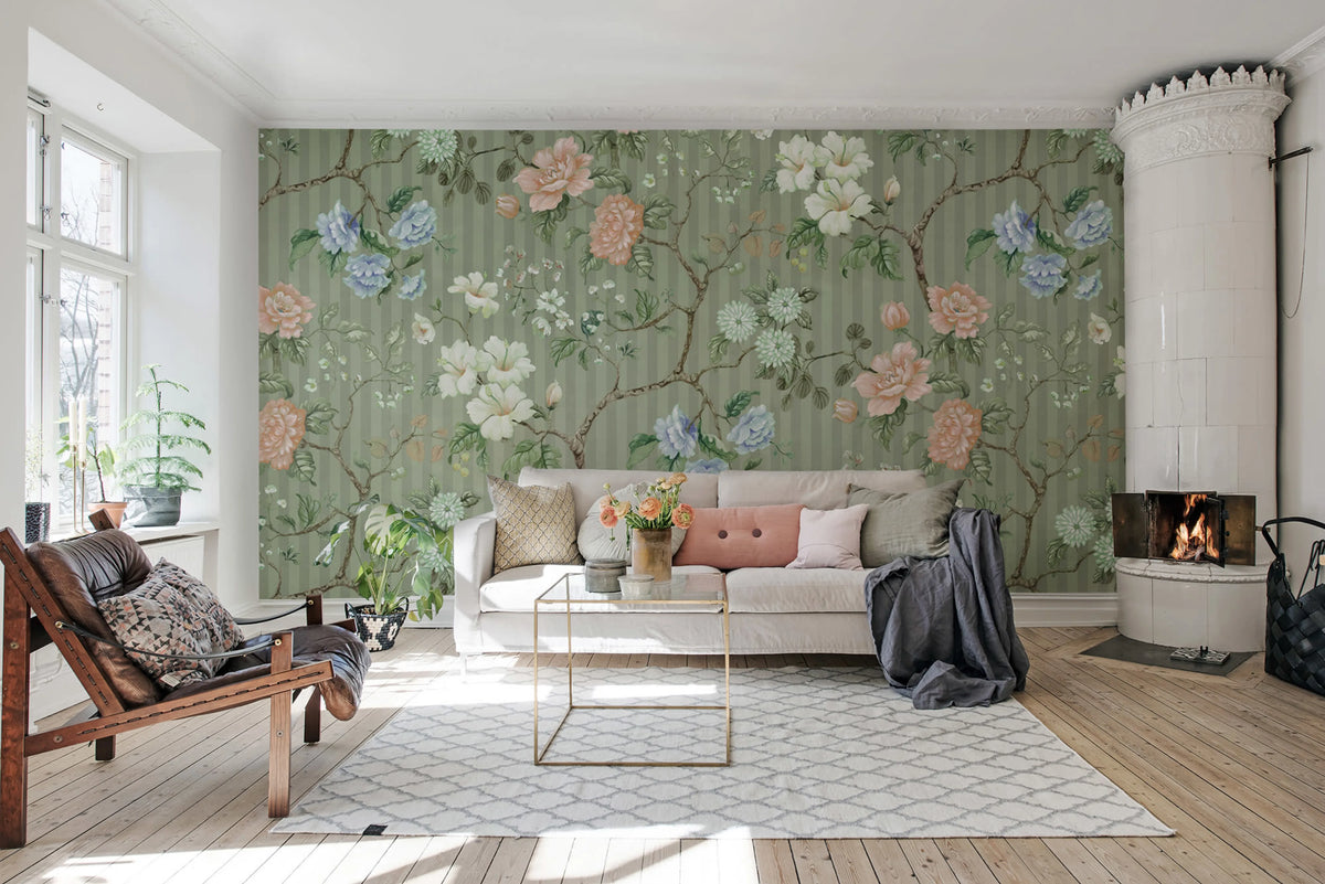 Rose Stripe, Green Mural Wallpaper - room preview 03