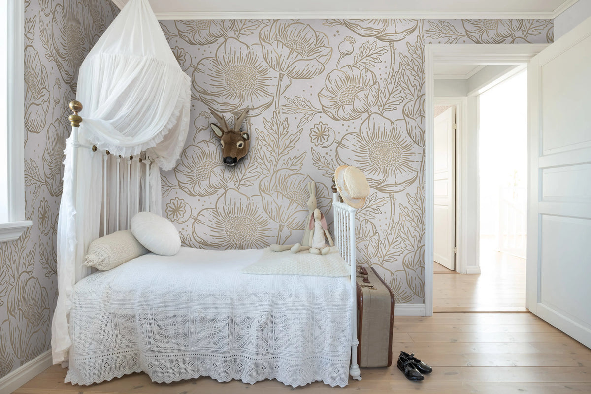 Golden Poppy, White Mural Wallpaper - room preview 03