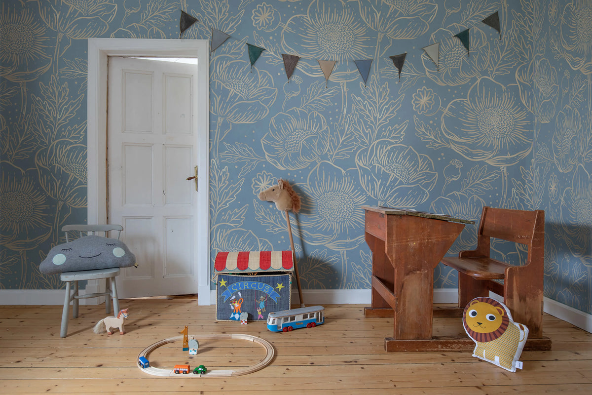 Golden Poppy, Baby Blue Mural Wallpaper - room preview 03