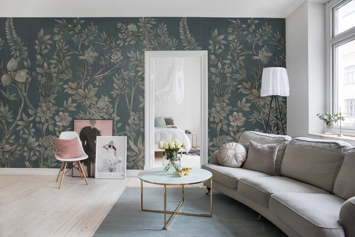 Silk Floral, Petrol Mural Wallpaper - room preview 03