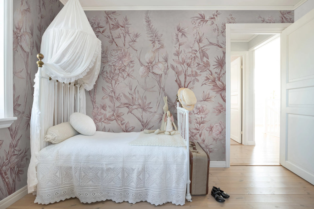Silk Floral, Dusty Pink Mural Wallpaper - room preview 03