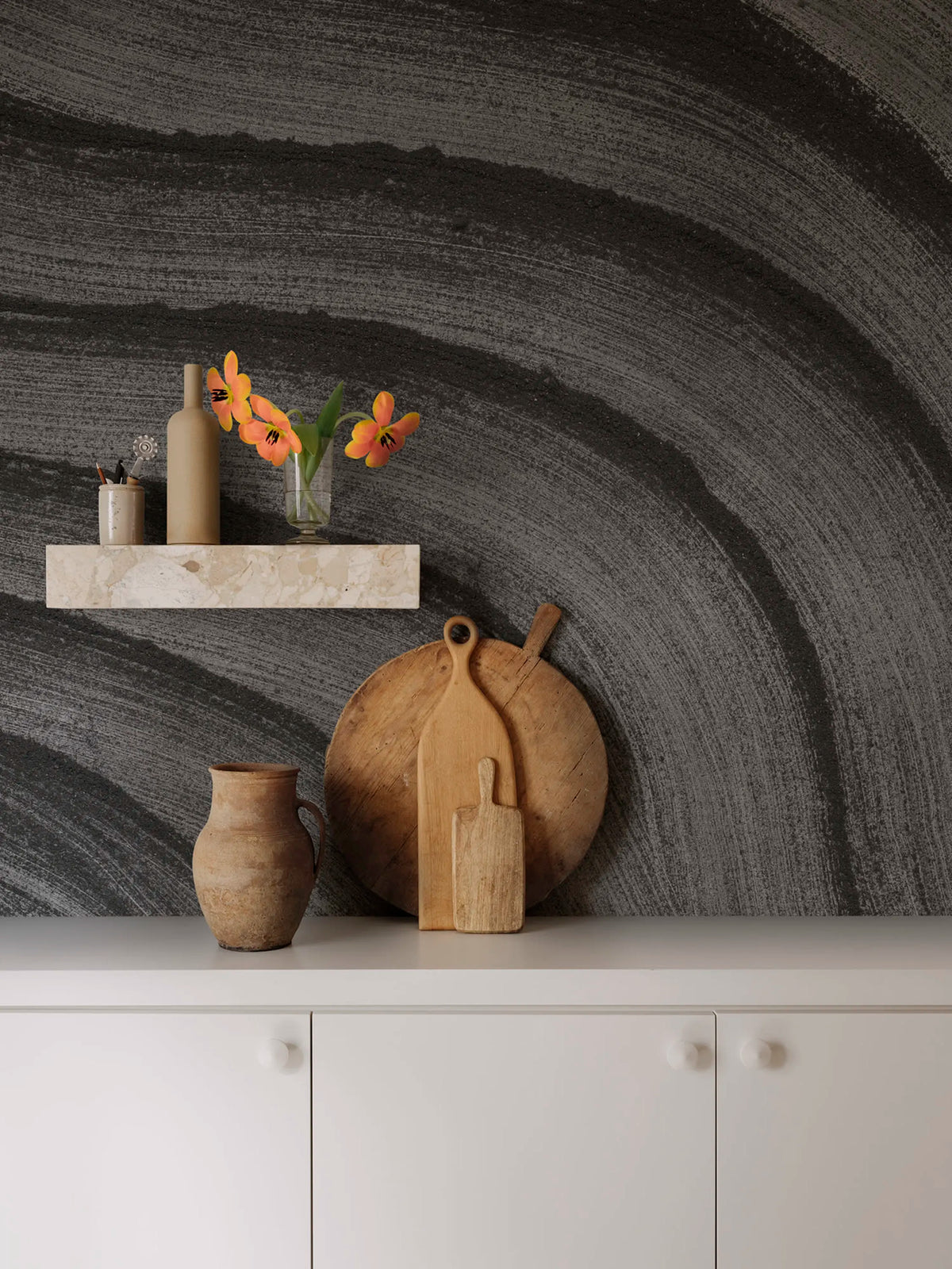 Smoky Swirl, Graphite Mural Wallpaper - room preview 03