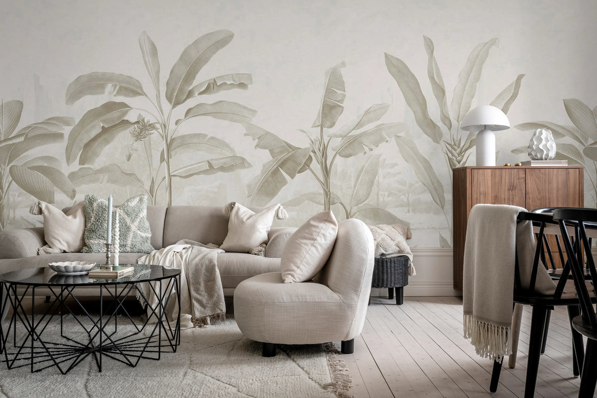 Tropical Palms, Beige Mural Wallpaper - room preview 03