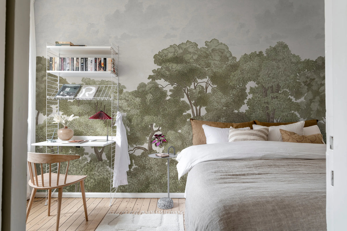 Bellewood Clouds, Green Vintage Mural Wallpaper - room preview 03