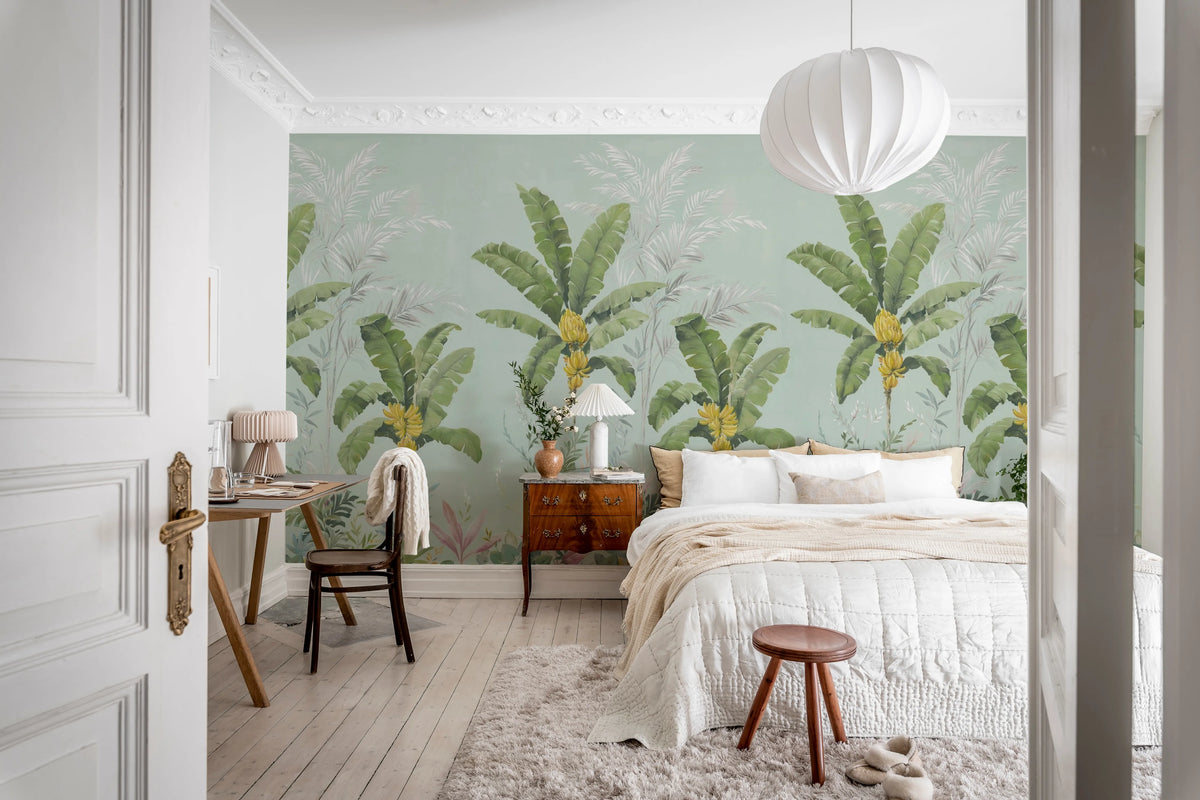 Banana Tree Jungle, Light Blue Mural Wallpaper - room preview 03