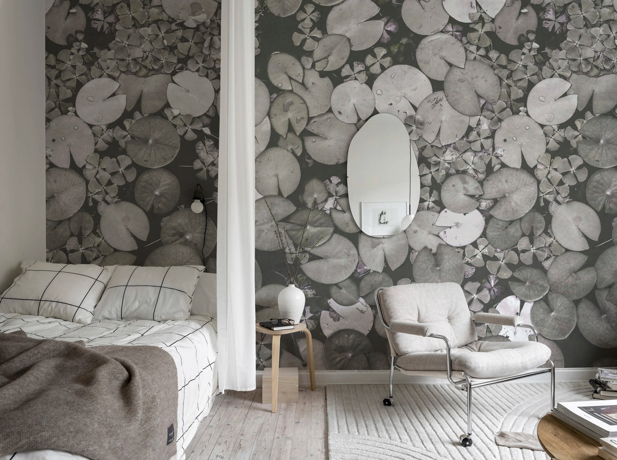 Mystic Water Lilies, Black & White Mural Wallpaper - room preview 03