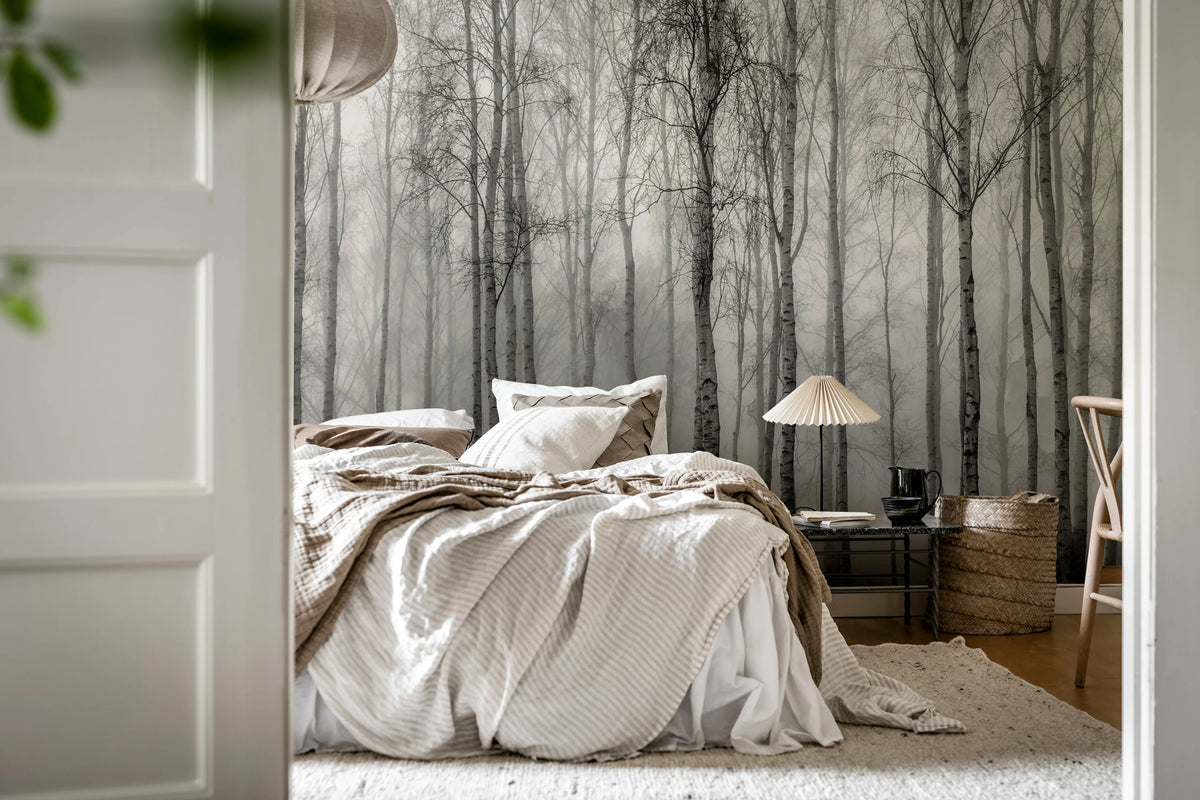 Birch Fog, Black & White Mural Wallpaper - room preview 03