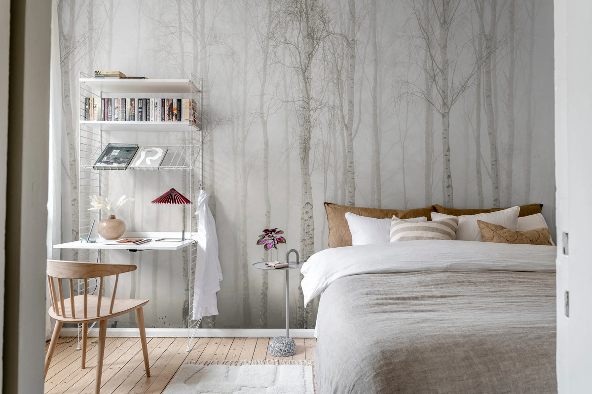 Birch Fog, White Mural Wallpaper - room preview 03