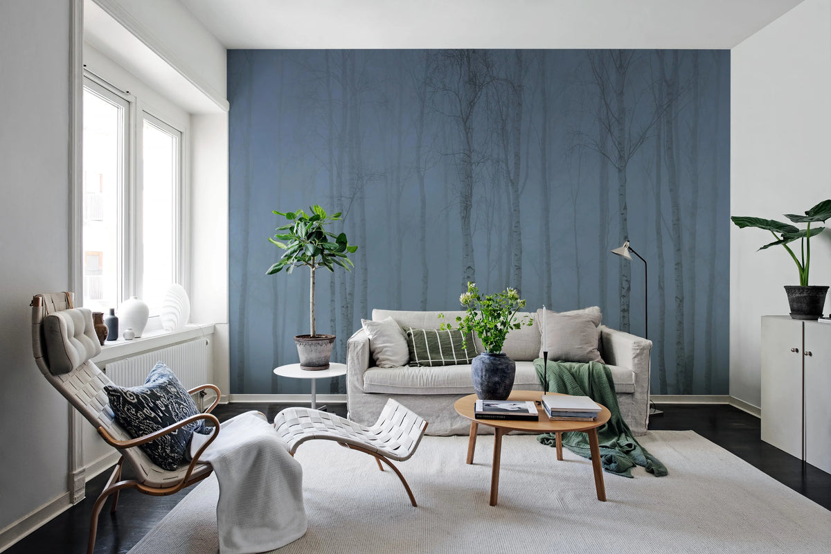 Birch Fog, Blue Mural Wallpaper - room preview 03