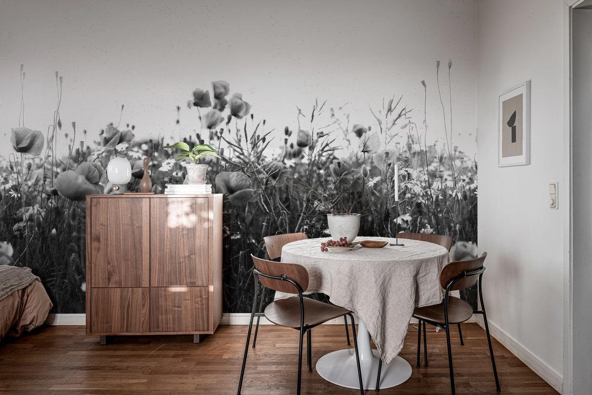 Poppy Field, Black & White Mural Wallpaper - room preview 03
