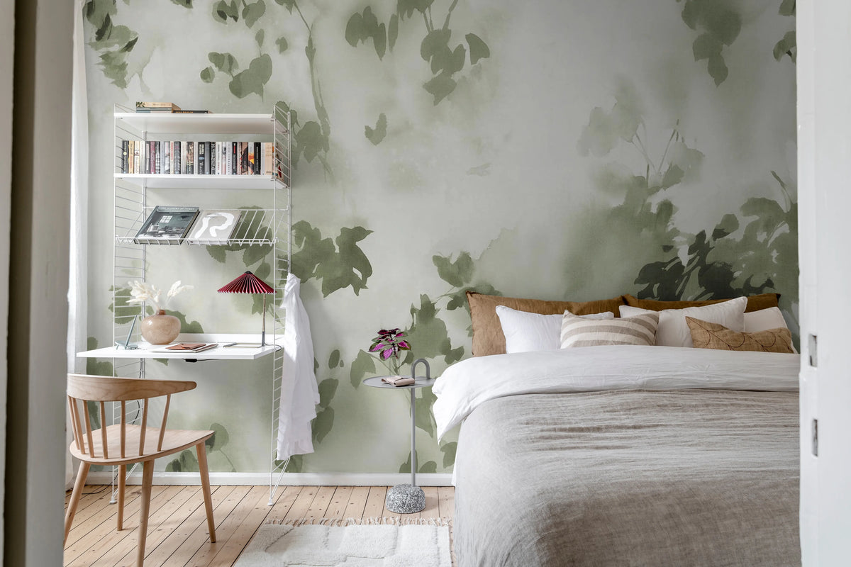 Hazy Leaves, Green Mural Wallpaper - room preview 03