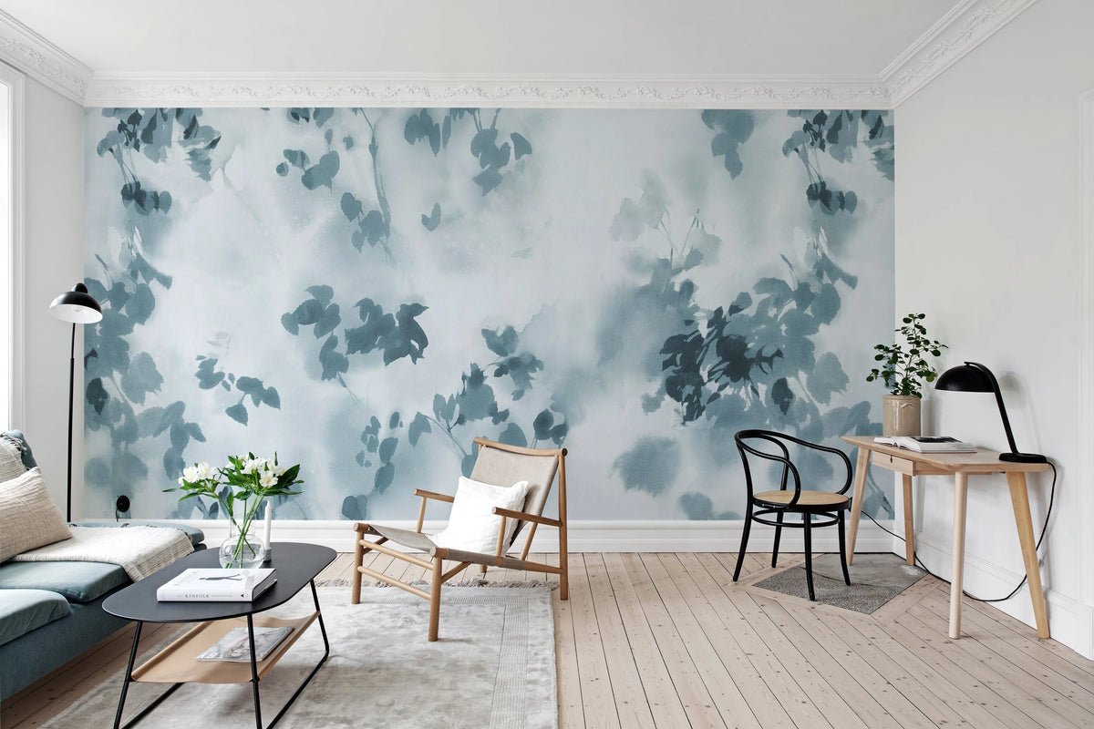 Hazy Leaves, Blue Mural Wallpaper - room preview 03