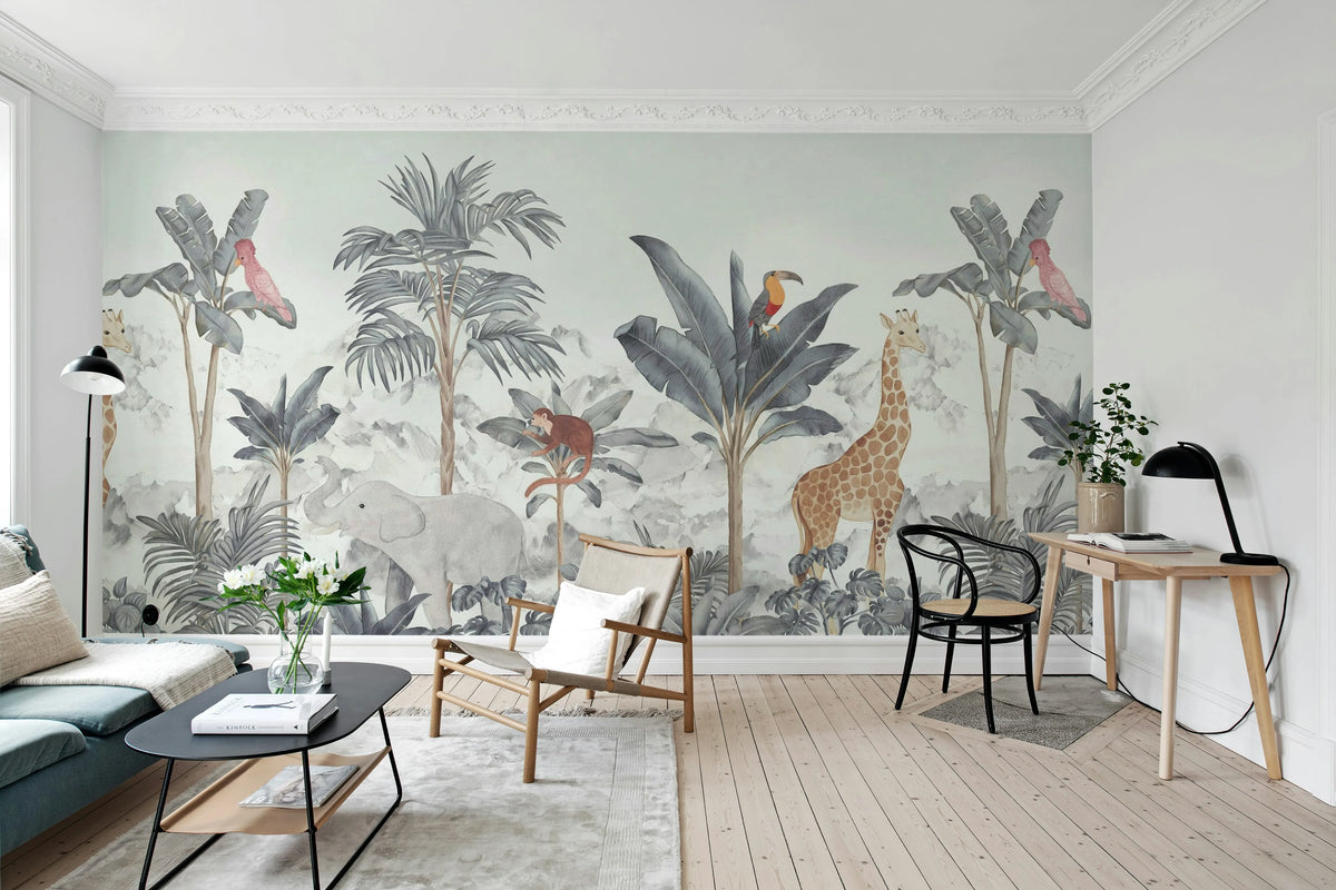 Friends of the jungle, Blue Mural Wallpaper - room preview 03
