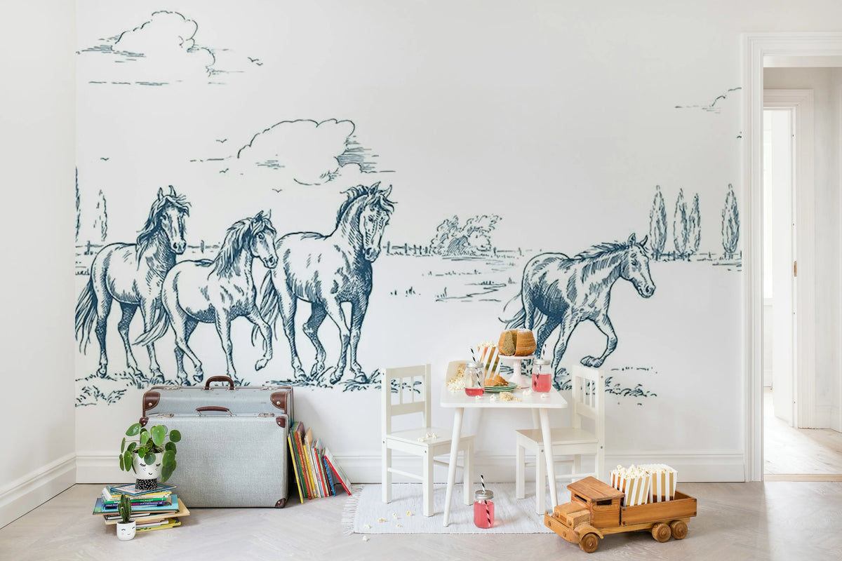 Horses Herd Grand, Blue Mural Wallpaper - room preview 03