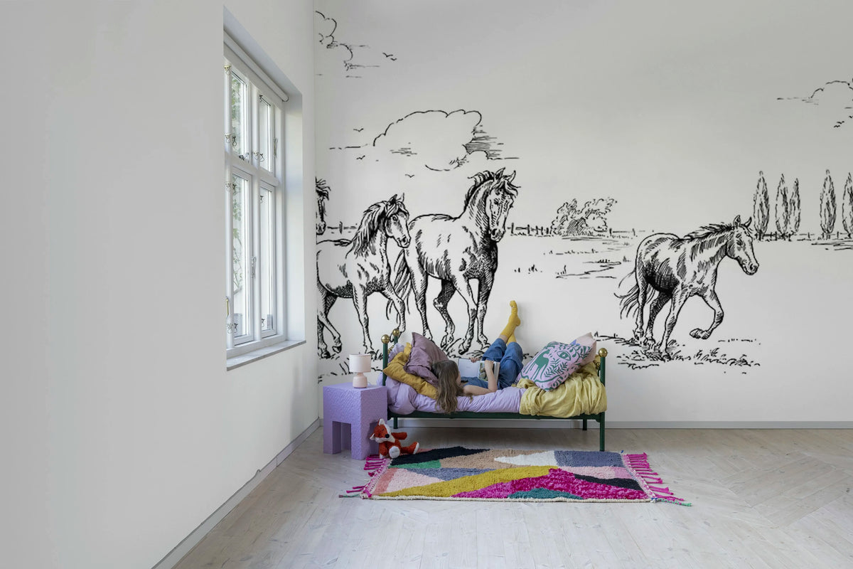 Horses Herd Grand, Black Mural Wallpaper - room preview 03