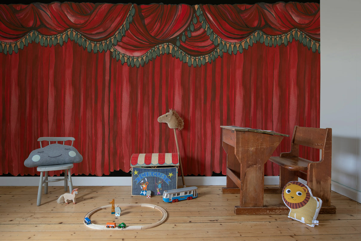 Behind the Curtains, Red Mural Wallpaper - room preview 03