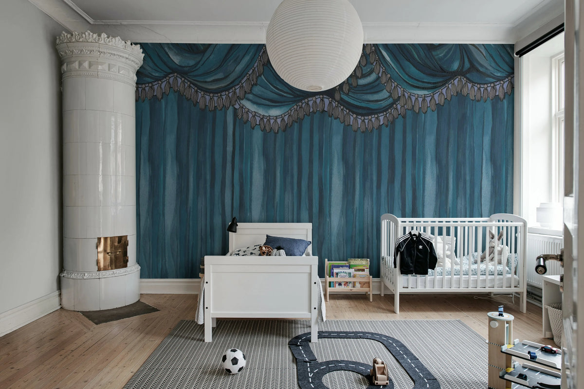 Behind the Curtains, Blue Mural Wallpaper - room preview 03