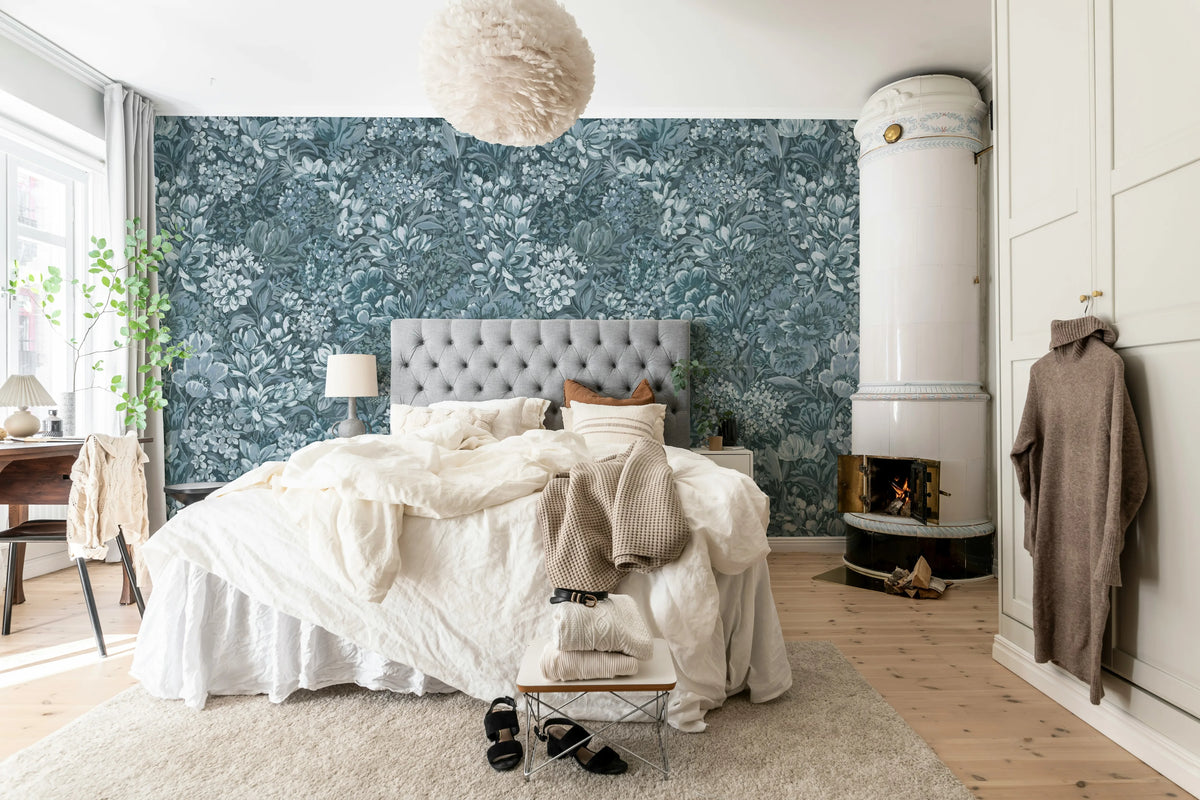Floral Garden, Blue Mural Wallpaper - room preview 03