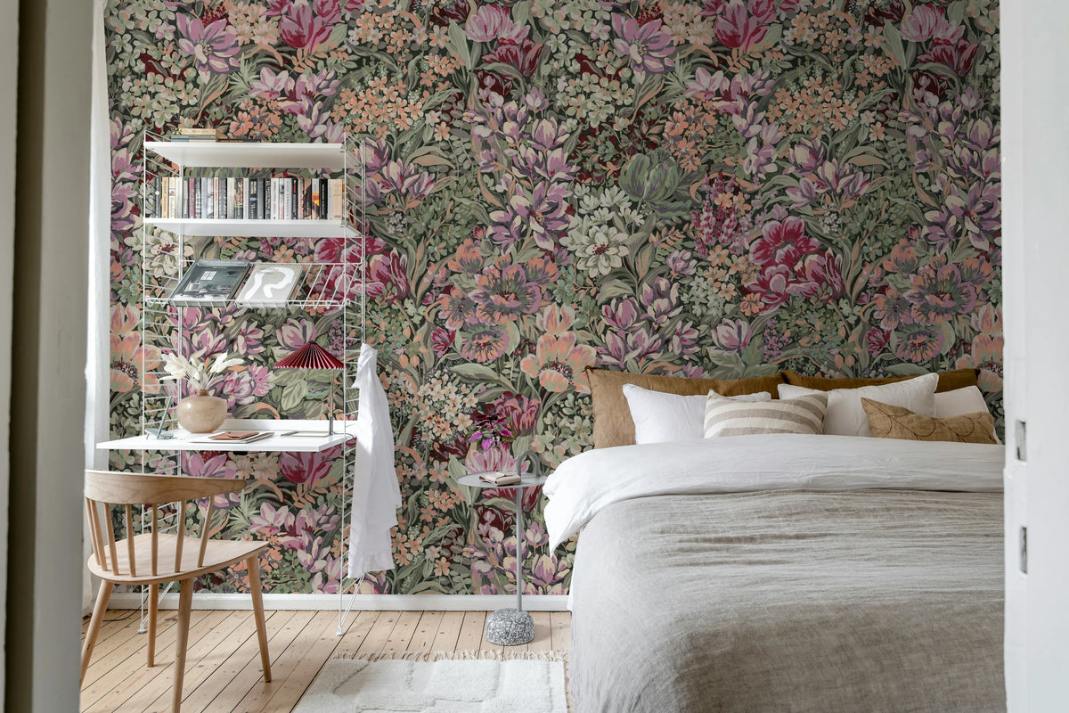 Floral Garden, Red Mural Wallpaper - room preview 03