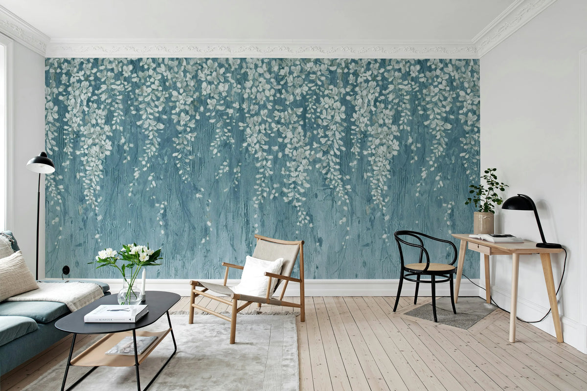 Draped Blossoms, Dark Blue Mural Wallpaper - room preview 03