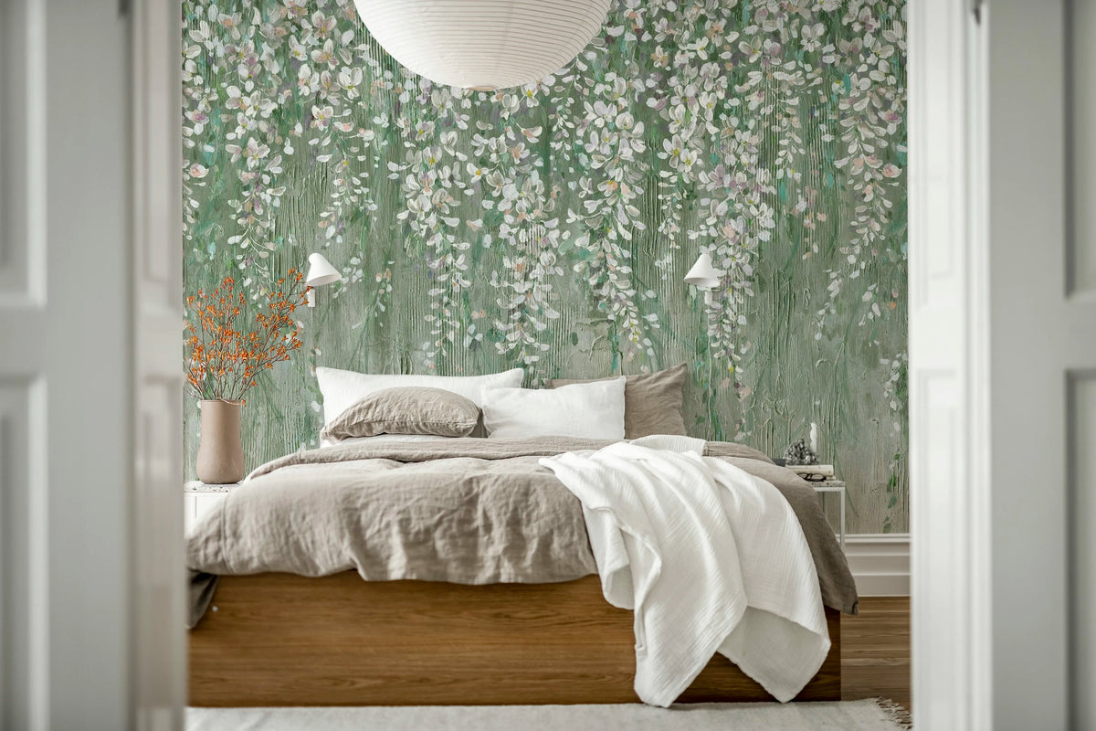 Draped Blossoms, Green Mural Wallpaper - room preview 03