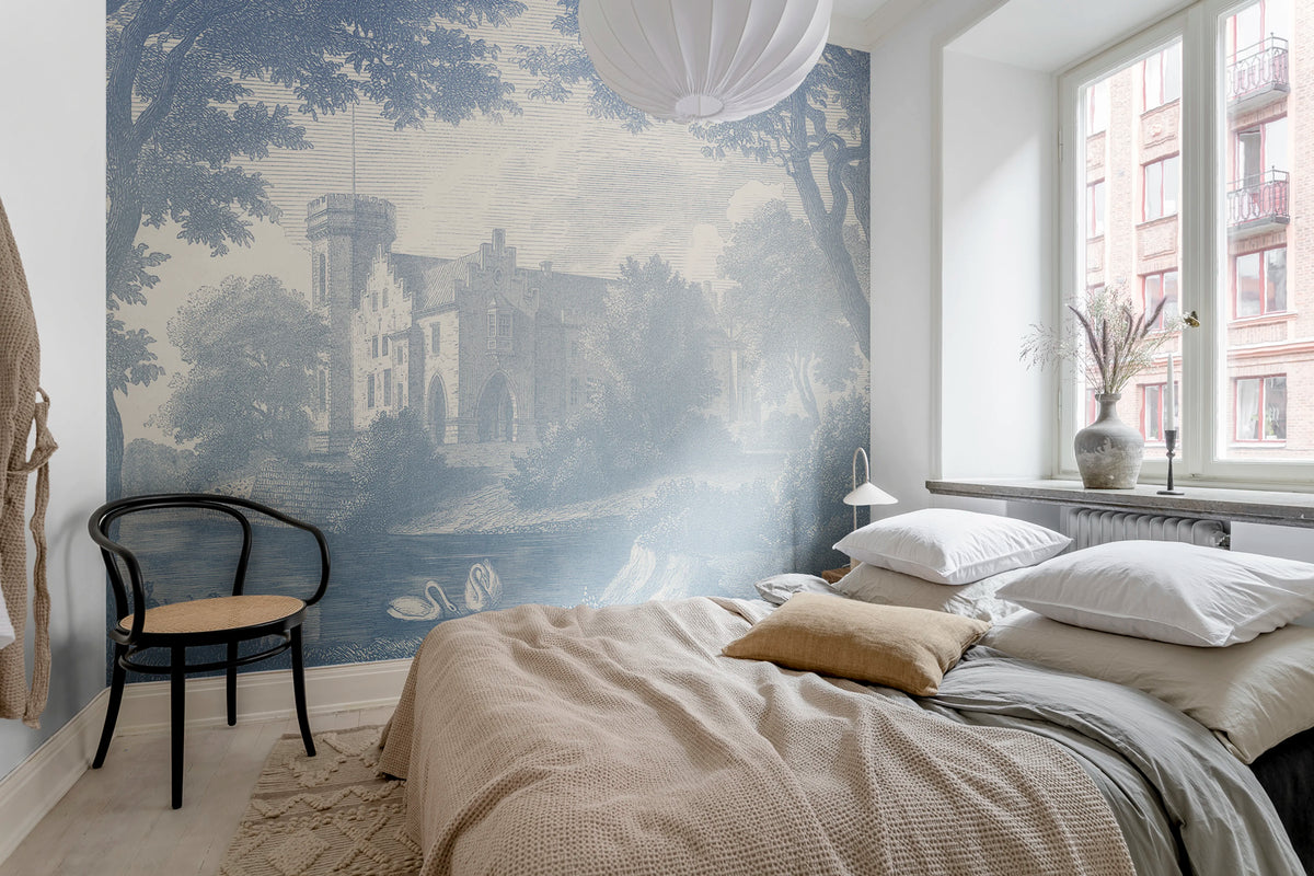 Swan Pond, Blue Mural Wallpaper - room preview 03