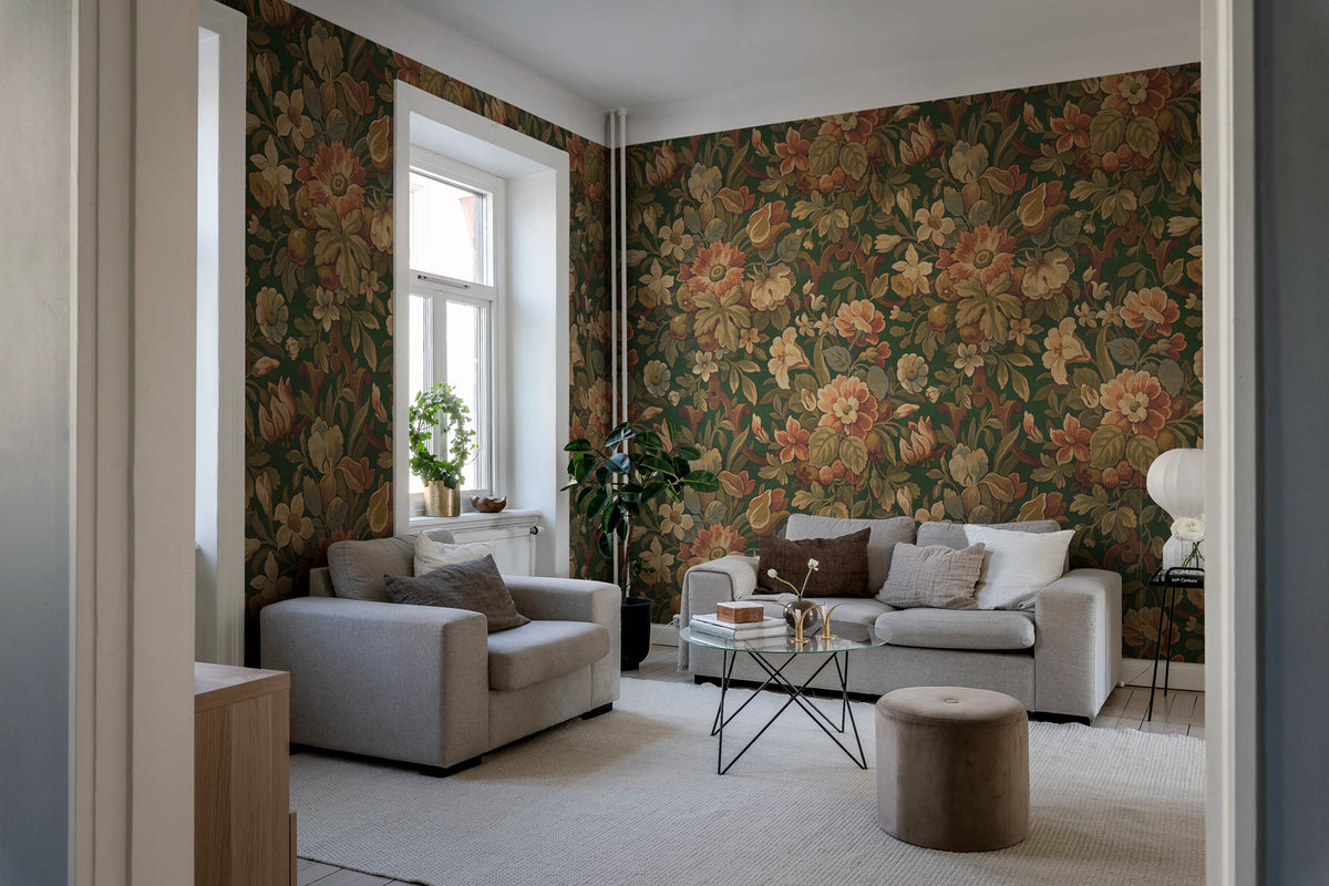Vintage Flora, Green Mural Wallpaper - room preview 03