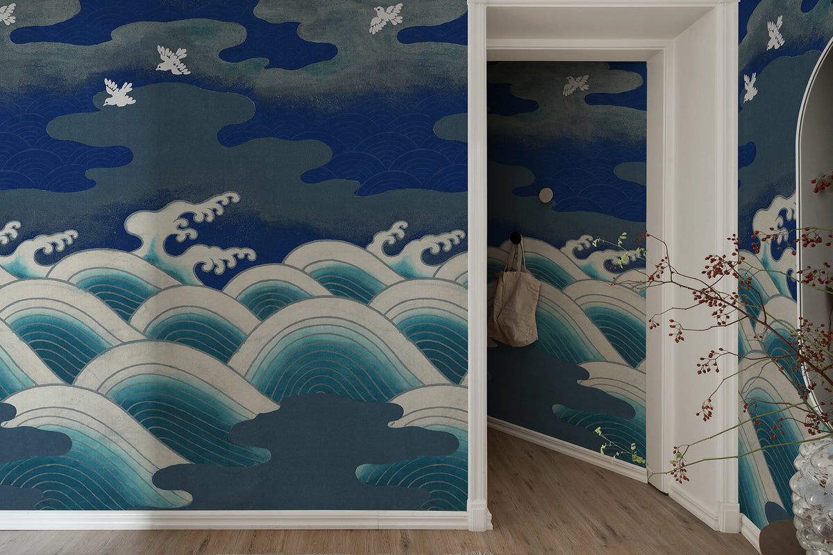 Waves Of Happiness, Blue Mural Wallpaper - room preview 03