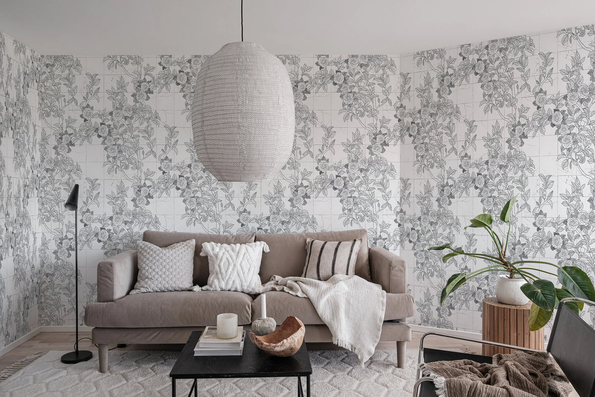 Rose Tiles, Graphite Mural Wallpaper - room preview 03