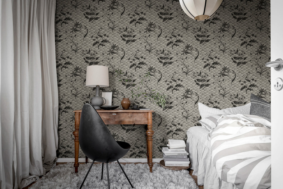 Floral Ripple Graphite Mural Wallpaper - room preview 03