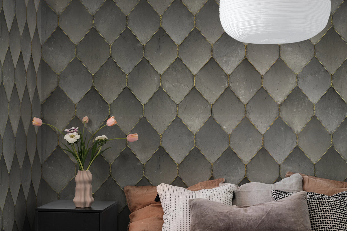 Osaka Tiles, Gray Mural Wallpaper - room preview 03