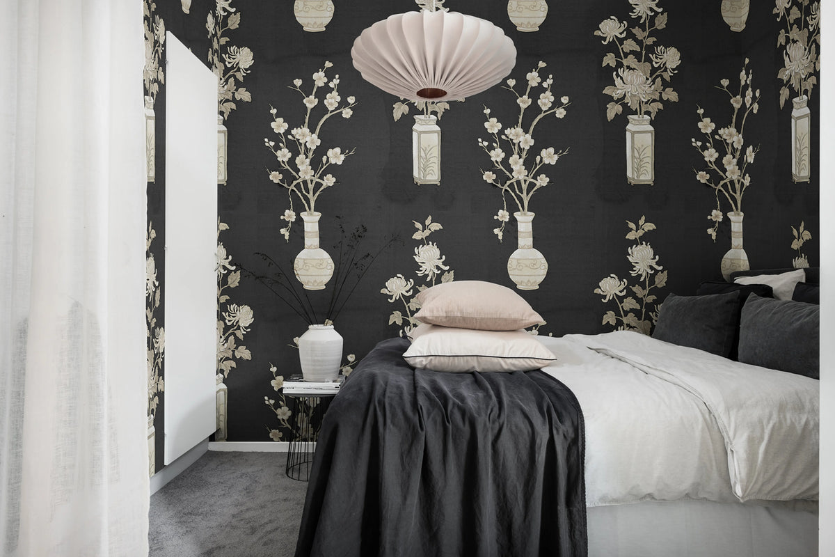 Japanese Vases Graphite Mural Wallpaper - room preview 03